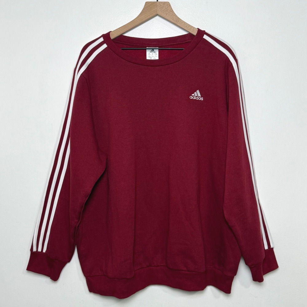 Adidas Sweatshirt Women 3X Burgundy 3 Stripes Fleece Crewneck Athleisure Lounge